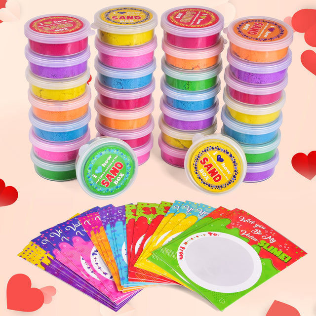 30PCS Assorted Valentine Sand Slimes with Greeting Cards Bundle