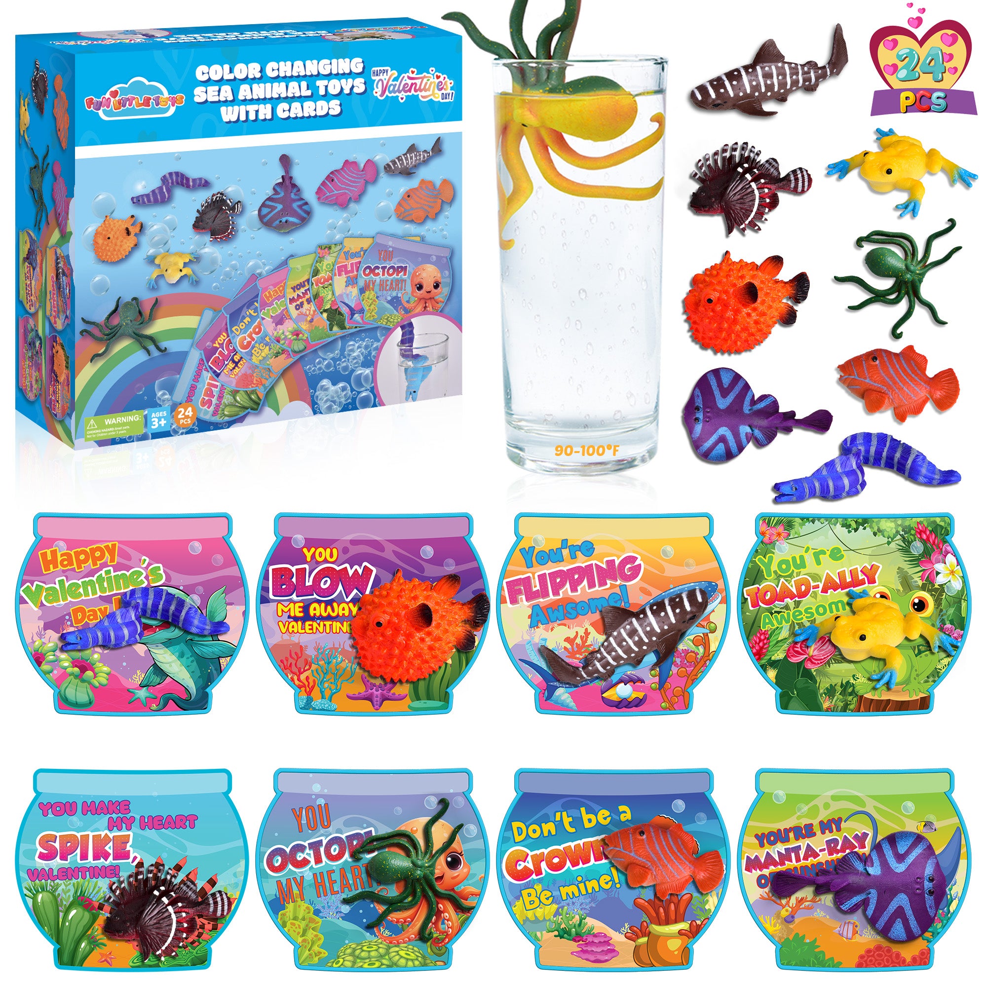 Sea Container Toy 24PCS Color-Changing Sea Animal Rubber Toys with Kids Valentine's Card ...