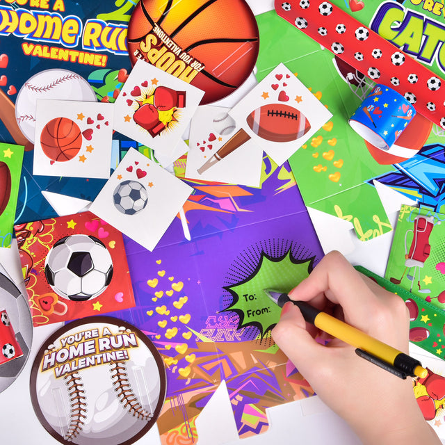 180PCS Sports-Themed Slap Bracelets Cards Stickers Temporary Tattoos with Valentine Boxes