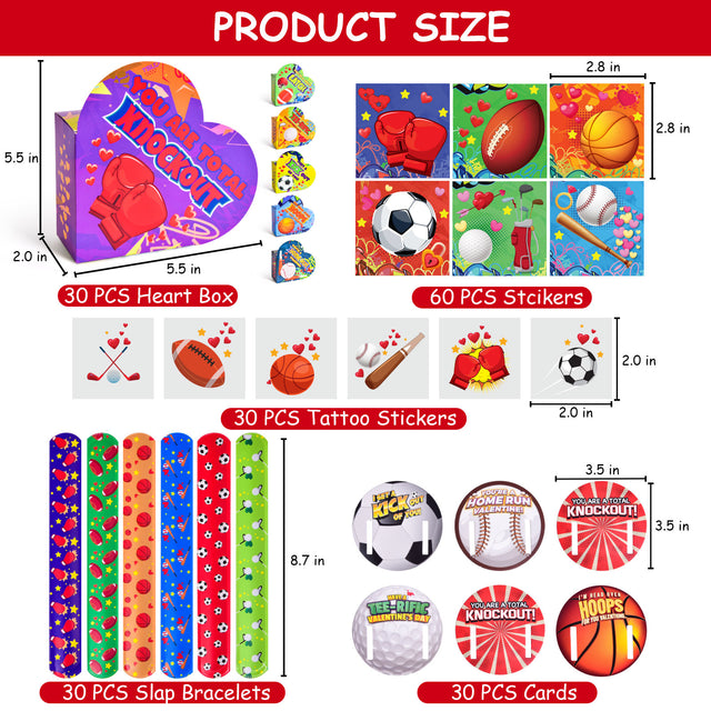 180PCS Sports-Themed Slap Bracelets Cards Stickers Temporary Tattoos with Valentine Boxes