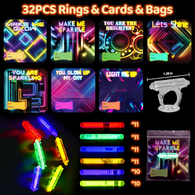 32PCS Assorted Glow Stick Rings with Valentine Cards & Bags Set