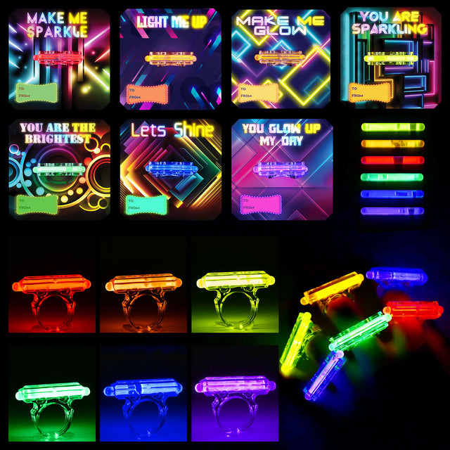 32PCS Assorted Glow Stick Rings with Valentine Cards & Bags Set