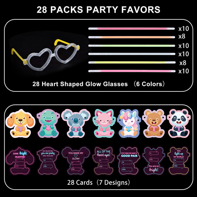 28PCS Glow in the Dark Heart Eyeglasses & Kids Valentine Cards
