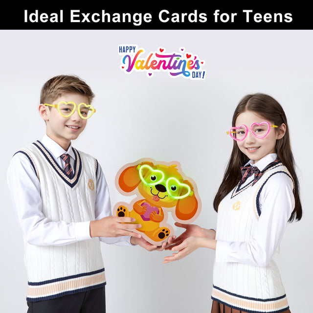 28PCS Glow in the Dark Heart Eyeglasses & Kids Valentine Cards
