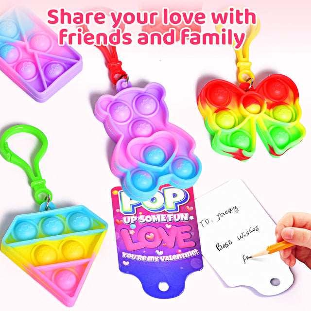 36PCS Mini Pop Bubble Keychains Soft Fidget Toys with Valentine Gift Cards