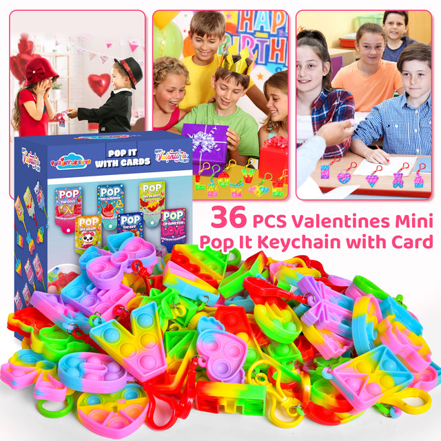 36PCS Mini Pop Bubble Keychains Soft Fidget Toys with Valentine Gift Cards