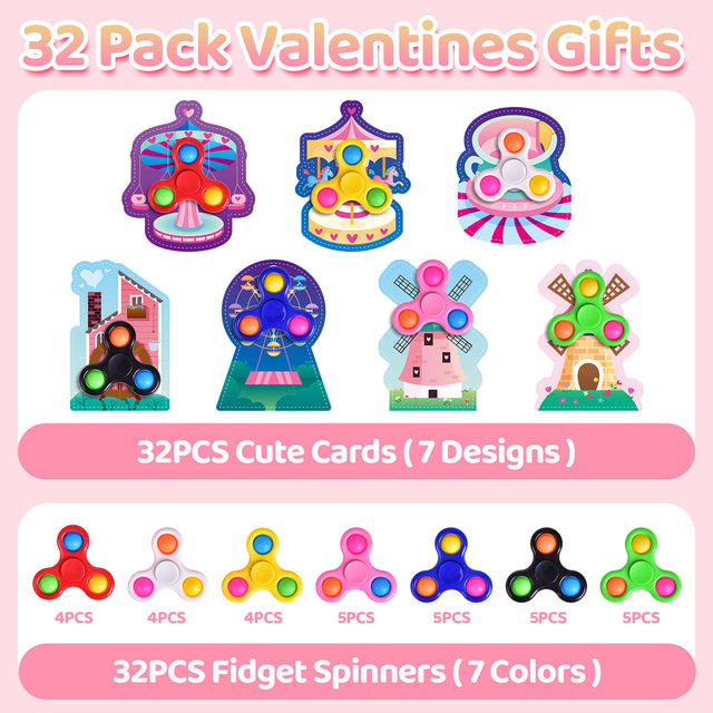 32PCS Assorted Fidget Spinner Stress-Relief Toys with Valentine Cards