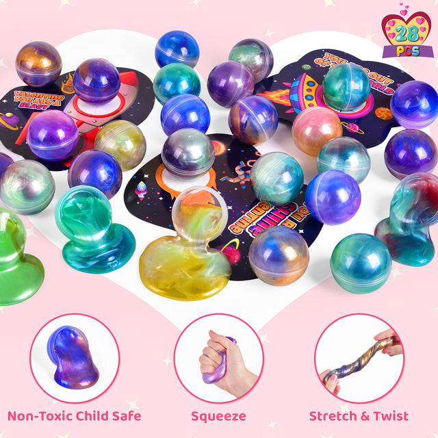 28PCS Galaxy Slime Balls Stress-Relief Toys & Valentine Cards Set