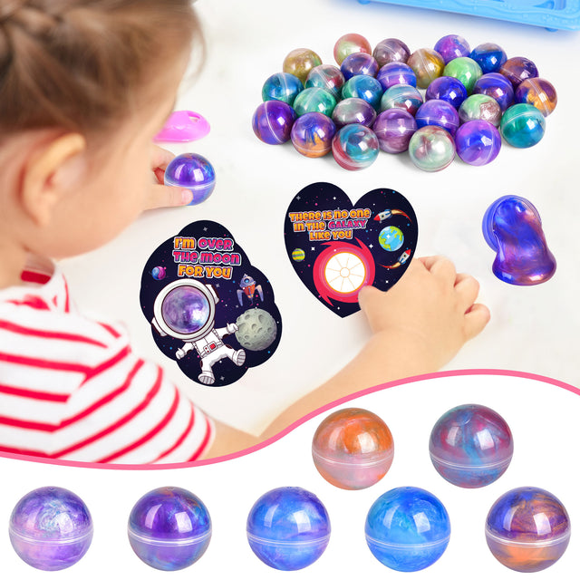 28PCS Galaxy Slime Balls Stress-Relief Toys & Valentine Cards Set