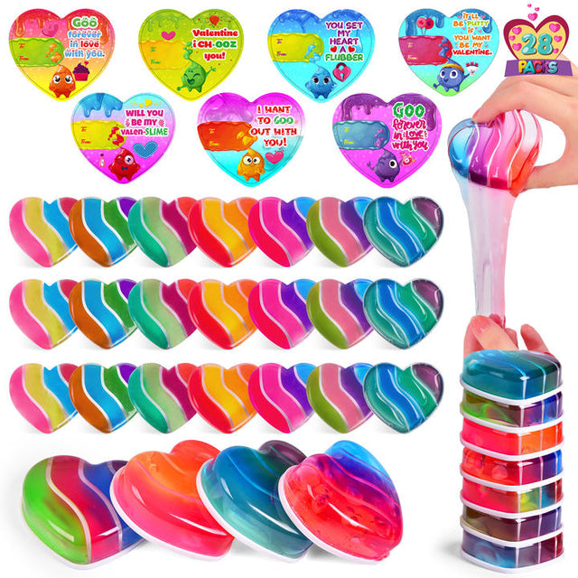 28PCS Valentine Multi Color Heart-Shaped Slime Kit with Gift Cards