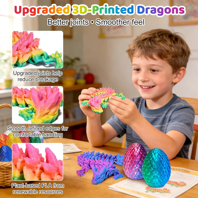 12 Pack 3D Printed Dragon Toys, Flexible Articulated Fidget Dragons in Surprise Eggs, Collectible Desk Toys, Party Favors & Classroom Prizes for Kids