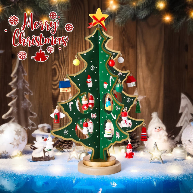 12" Wooden Tabletop Christmas Tree & 24 Tiny Ornaments - PopFun