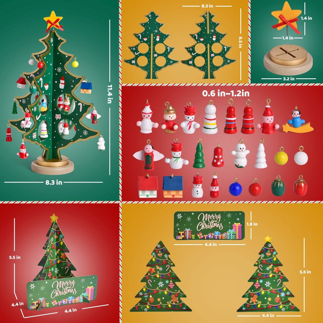 12" Wooden Tabletop Christmas Tree & 24 Tiny Ornaments - PopFun