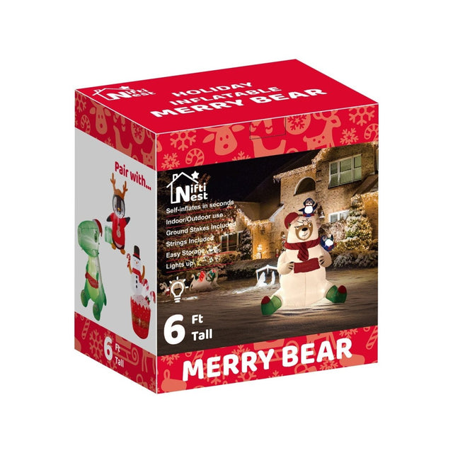 6' Ft Merry Bear Holiday Inflatable | PopFun