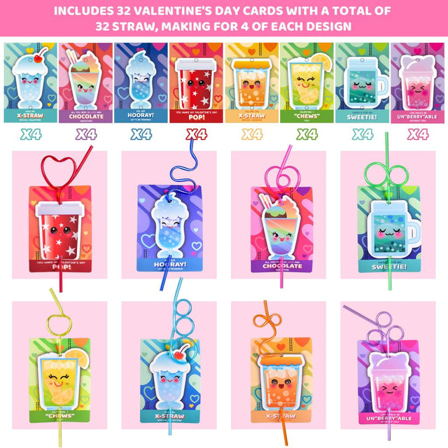 Valentines Day Cards for kids with Crazy Straws - 32 pcs - PopFun