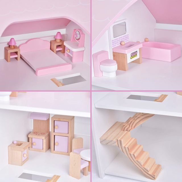 Wooden Dollhouse with Furniture - PopFun