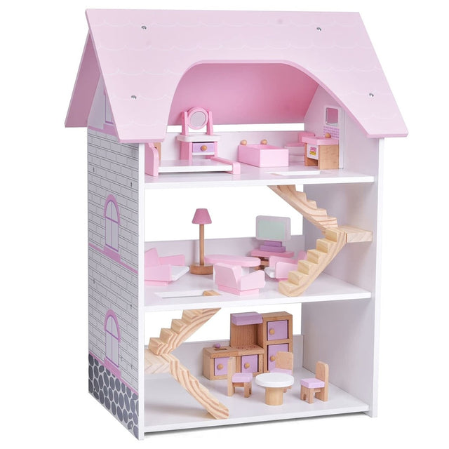 Wooden Dollhouse with Furniture - PopFun